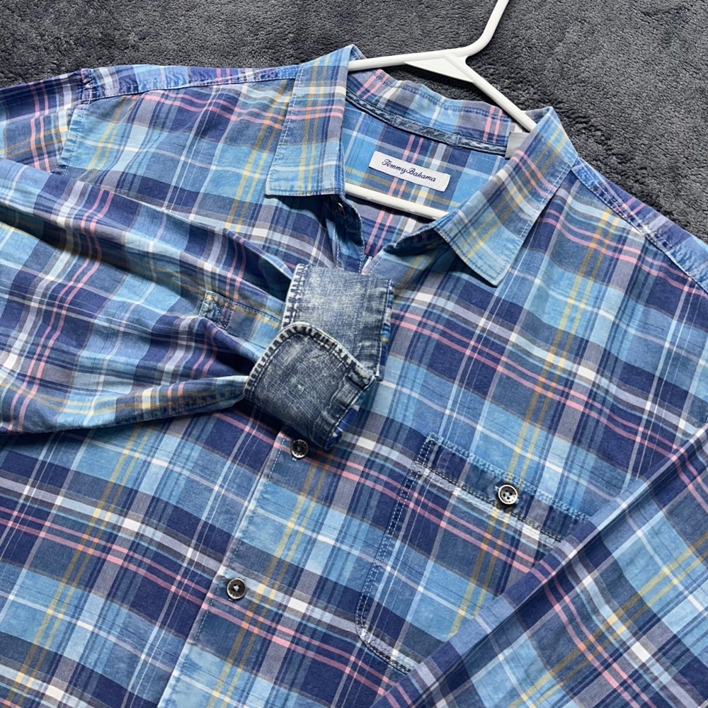 Tommy Bahama Mens XXL Blue‎ Plaid Cotton Tencel Long Sleeve Button Down Shirt